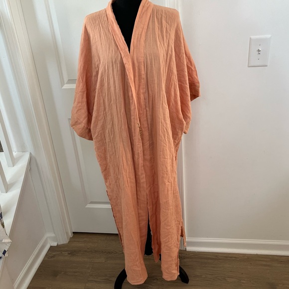 Powder ORGANIC COTTON RETREAT GOWN IN CORAL Limited Edition Beach Coverup Robe - Picture 5 of 14